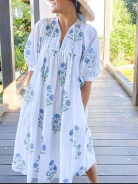 HAVEN White Blue Floral Embroidered Cotton Balloon Sleeve Midi Dress Size S